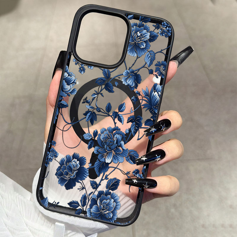 Phone Cases Unique - Luxe vintage blauwe bloemen magnetische telefoonhoes